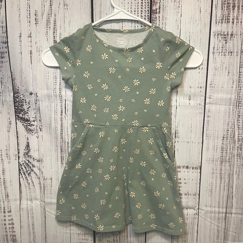 Wonder Nation‎ Girls Daisy Dress Green Floral XS 4/5 Short Sleeve